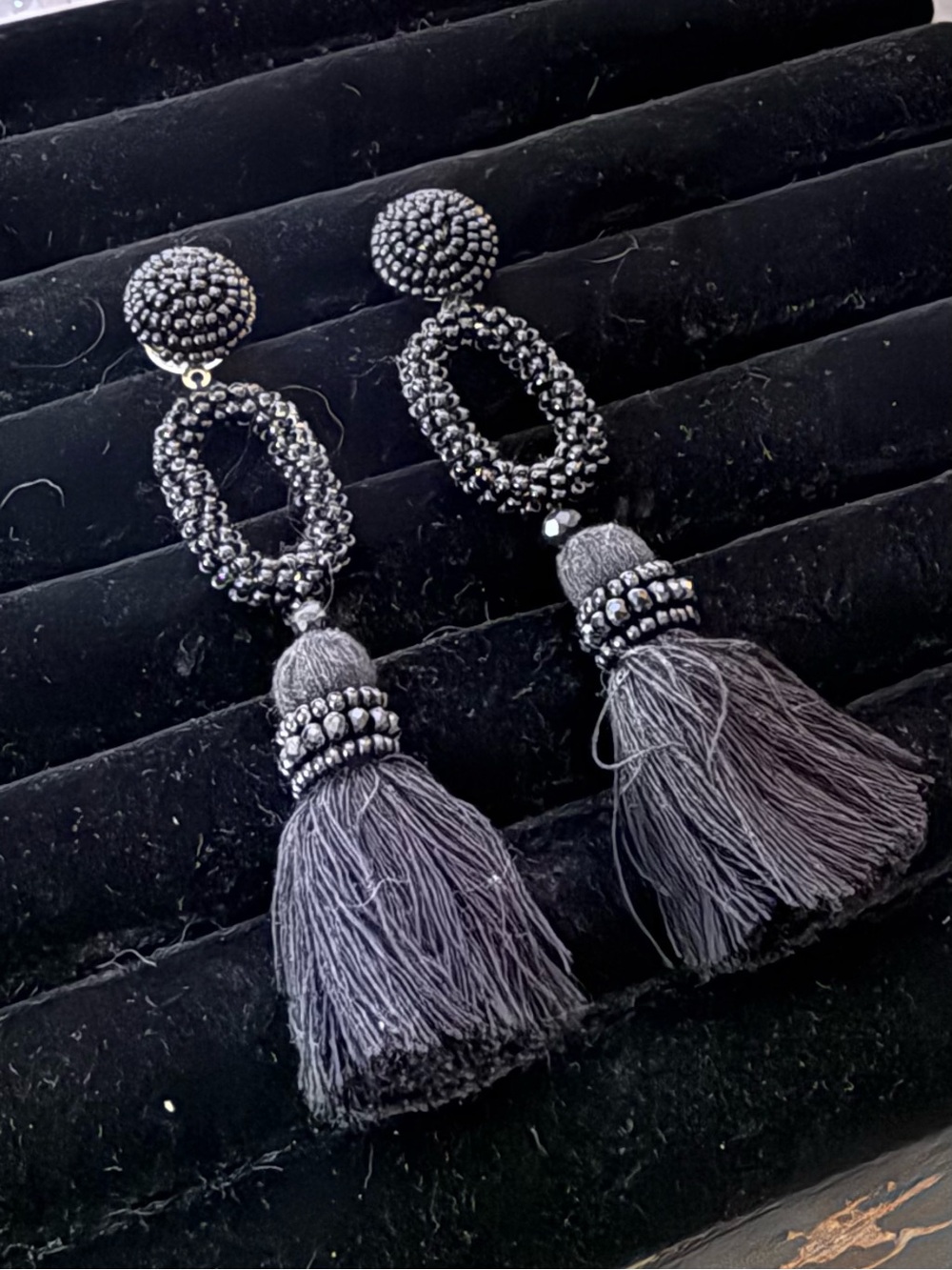 Handcrafted Black Beaded Tassel Drop Earrings - Elegant Women’s Jewelry